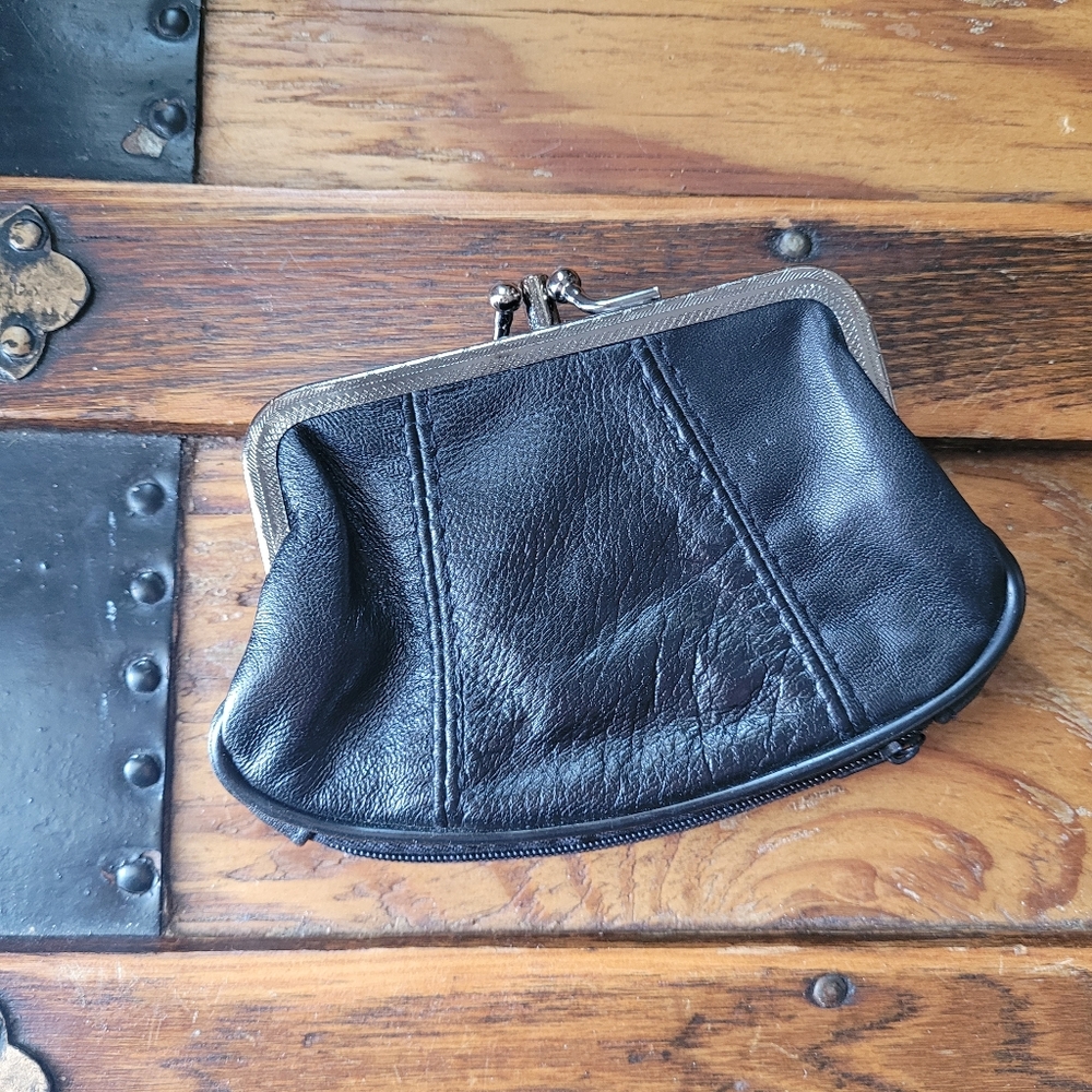 Black Faux Leather Coin Purse Double Frame Change Wallet- 4 Compartments